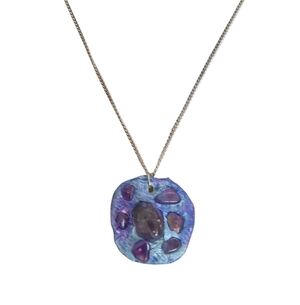 Pearl Metallic Clay Pendant – Amethyst Accents on Stainless Steel Chain